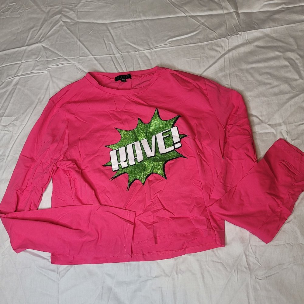 Club Exx Hot Pink crop top with RAVE! green &white graphic Size 1X